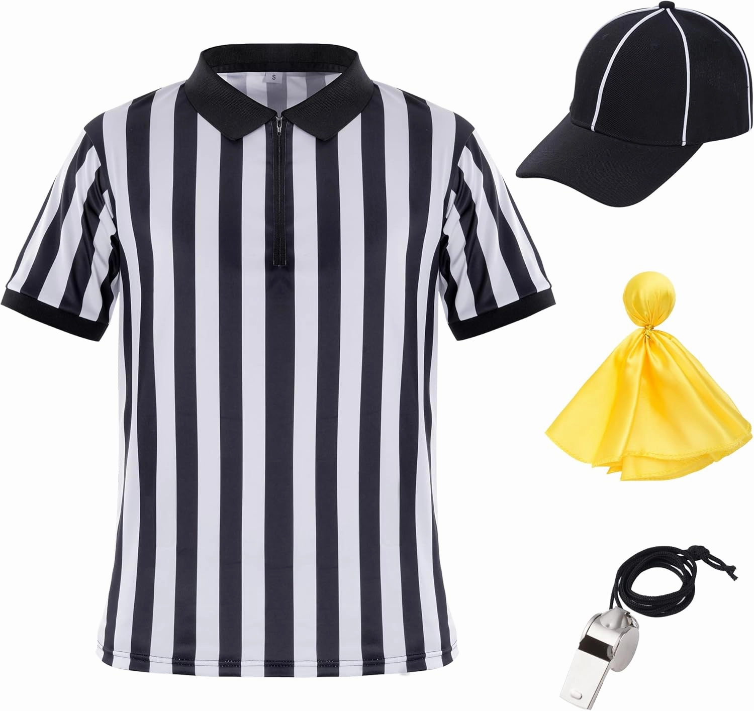 obmwang Referee Shirt for Womens and Mens, Stripe Umpire Jersey Referee Hat Yellow Penalty Flag and Whistle for Football Halloween
