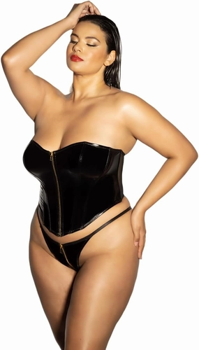 Oh là là Chéri Women's Sexy Rider Vinyl Bustier With Front Functional Zipper And Matching Panty