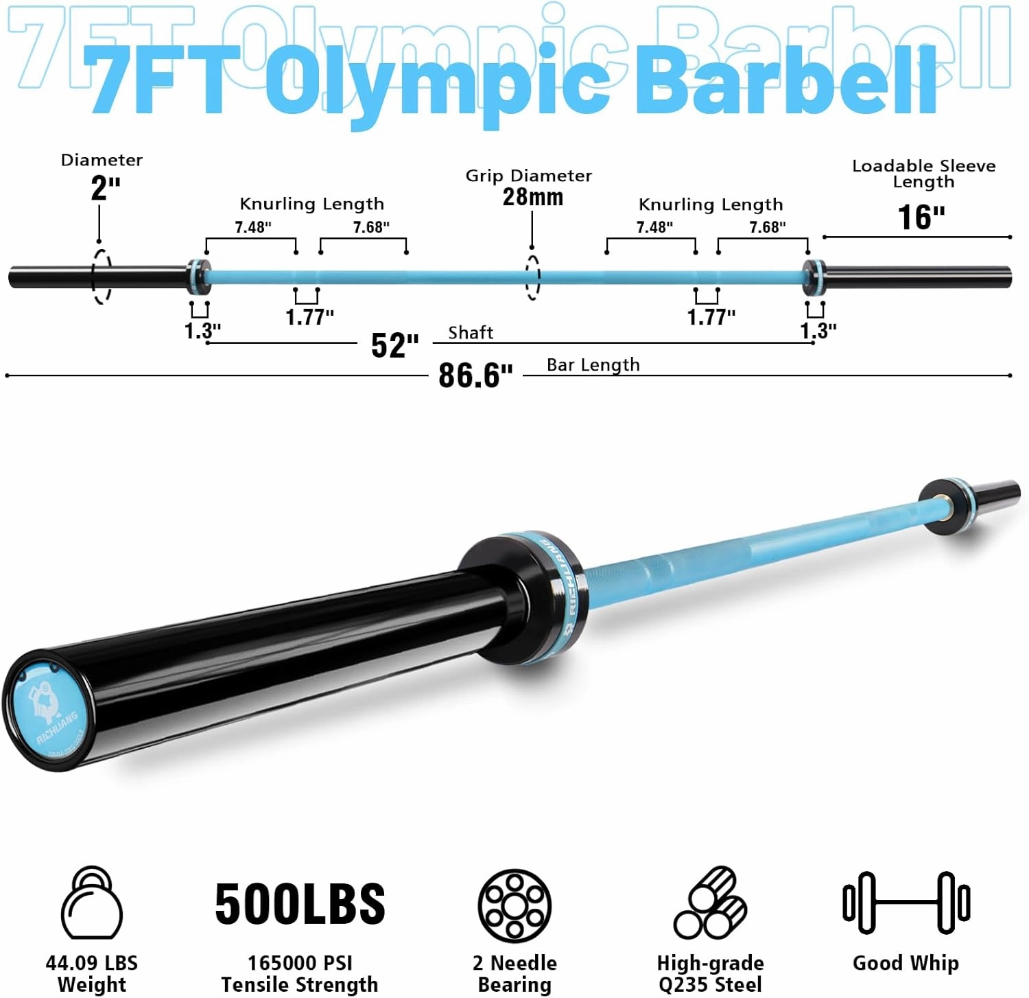Olympic Barbell 45lb (20kg) - 7ft Bearing Spin Bar for Weightlifting and Strength Training,Iron Red/Sky Blue Ceramic Coating,500 LBS Capacity,28mm High Whip,Fits 2" Plates,for Home Gym