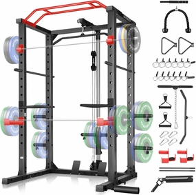 OPPSDECOR Smith Machine Multi-Function Power Cage with Pulley System Adjustable Squat Rack with Cable Crossover System for Home Gym More Attachments