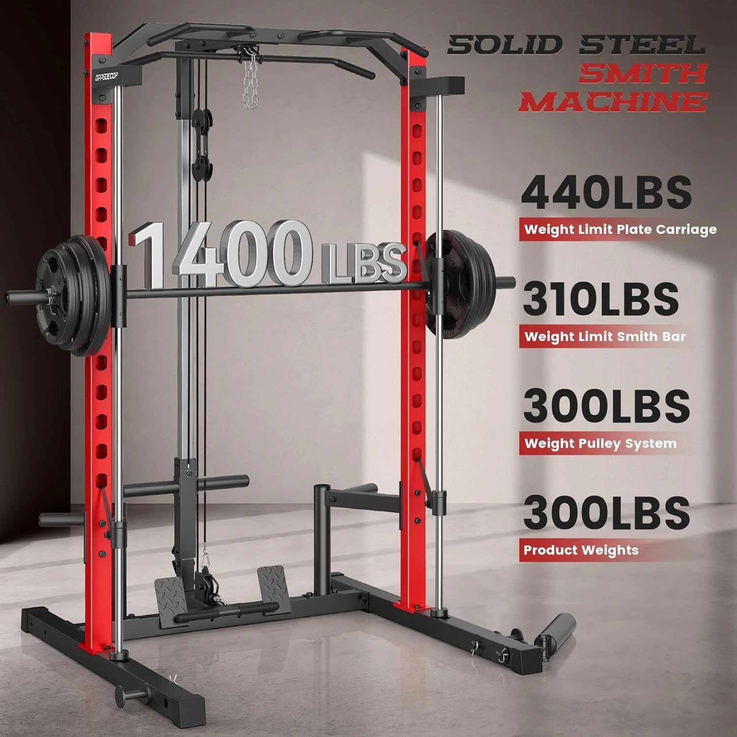 OPPSDECOR Smith Machine Power Rack for Home Gym - All-in-One Power Cage Squat Rack with LAT Pulldown, Cable Machine & Barbell Bar - Multi-Functional Strength Training Equipment