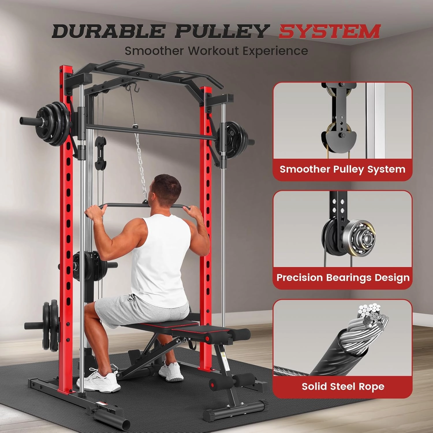 OPPSDECOR Smith Machine Power Rack for Home Gym - All-in-One Power Cage Squat Rack with LAT Pulldown, Cable Machine & Barbell Bar - Multi-Functional Strength Training Equipment