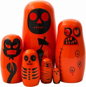 Orange Halloween Nesting Dolls,Set of 6 Halloween Themed Skull Ghost with Evil Look Matryoshka Dolls Figurines Kids Stacking Dolls Toy Home Haunted House Bar Decortaion