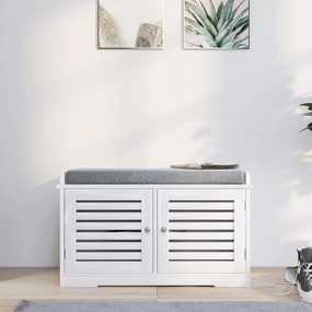 Organize Footwear with Shoe Storage Bench, Padded Seat Cushion and 2 Barn Doors, Modern Design in White