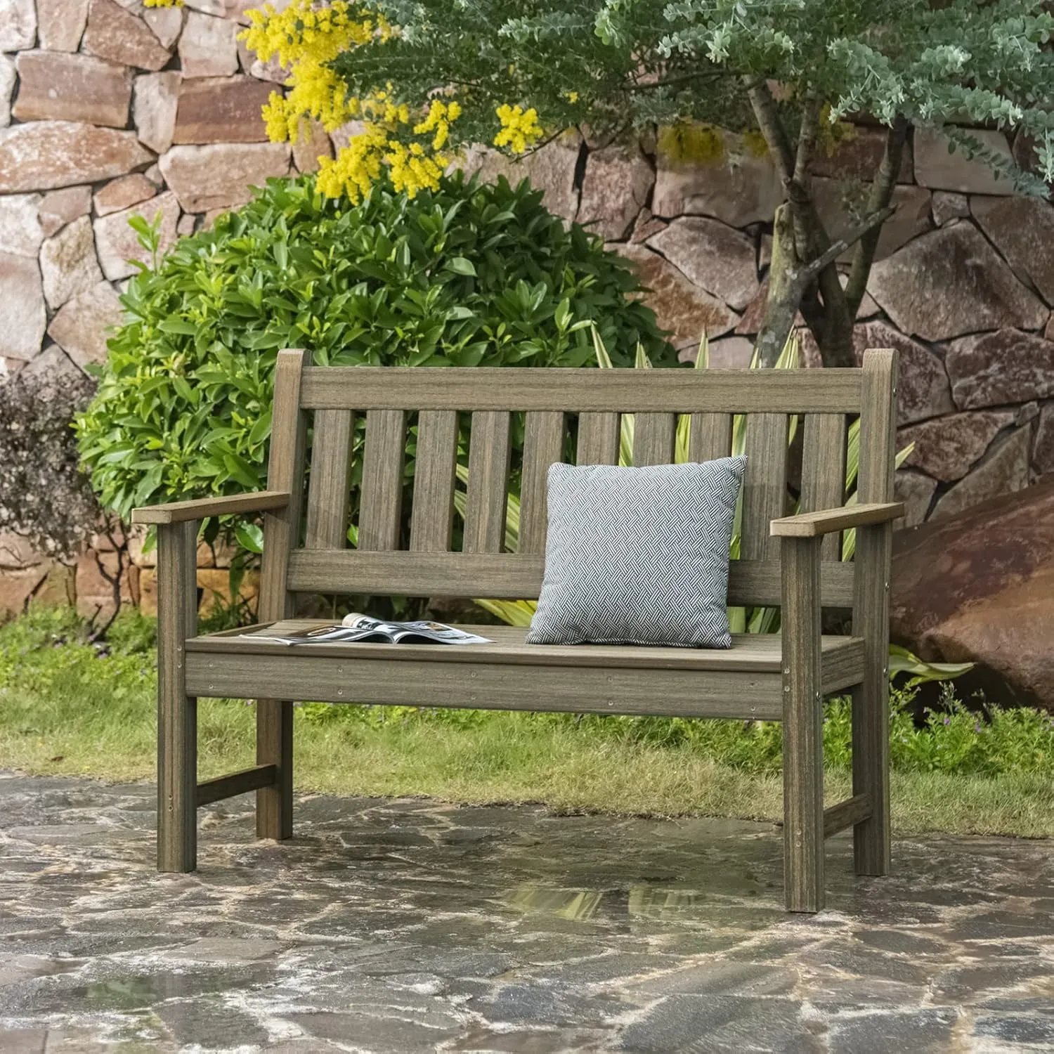 Outdoor Bench, 2-Person Garden Bench, Poly Lumber Patio Bench for Outdoors, Porch, and Park (Light Brown)