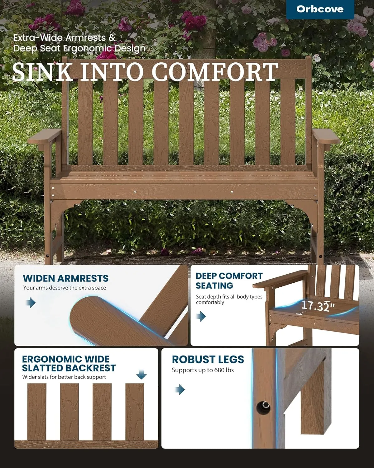 Outdoor Bench, 2-Person HDPE Garden Bench with Heart Detail & Wood Grain, 680 LBS Capacity, All-Weather Patio Bench for Porch, Backyard & Park