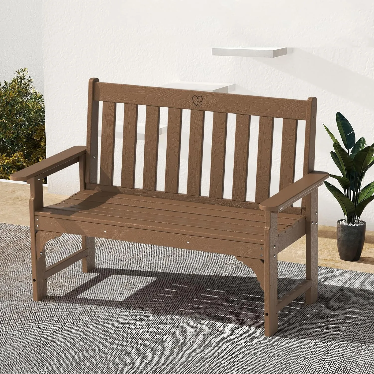 Outdoor Bench, 2-Person HDPE Garden Bench with Heart Detail & Wood Grain, 680 LBS Capacity, All-Weather Patio Bench for Porch, Backyard & Park