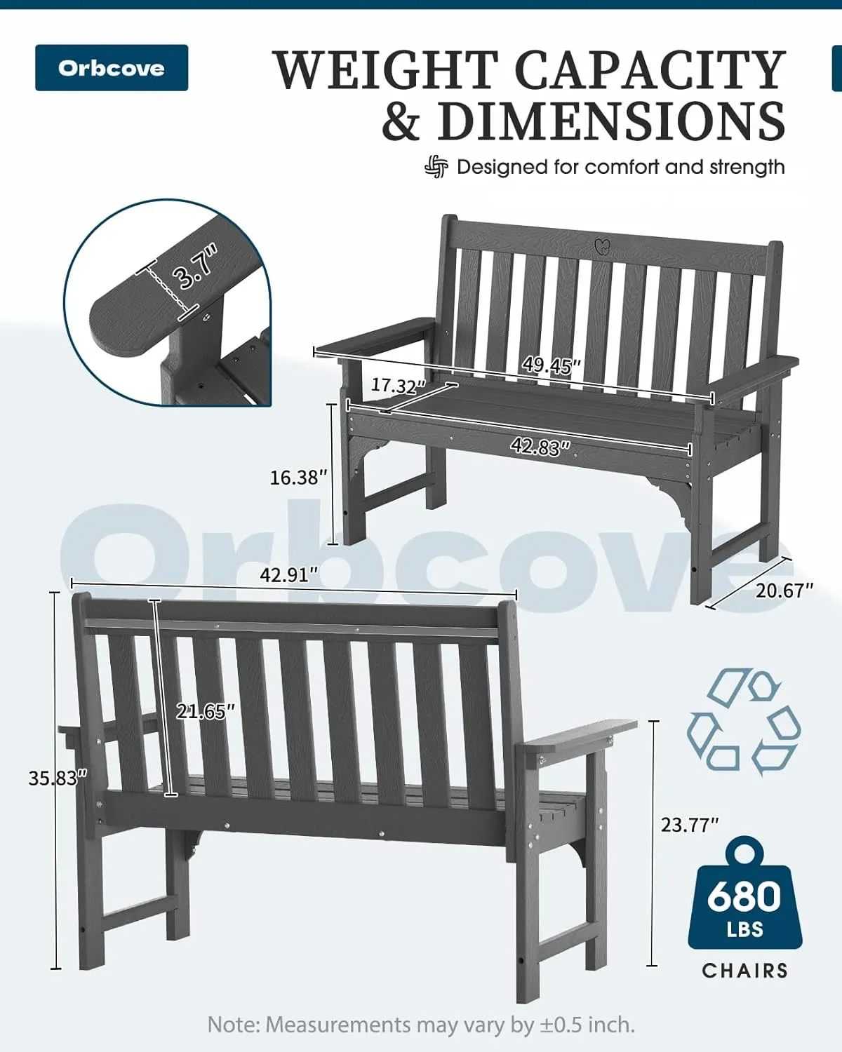 Outdoor Bench, 2-Person HDPE Garden Bench with Heart Detail & Wood Grain, 680 LBS Capacity, All-Weather Patio Bench for Porch, Backyard & Park