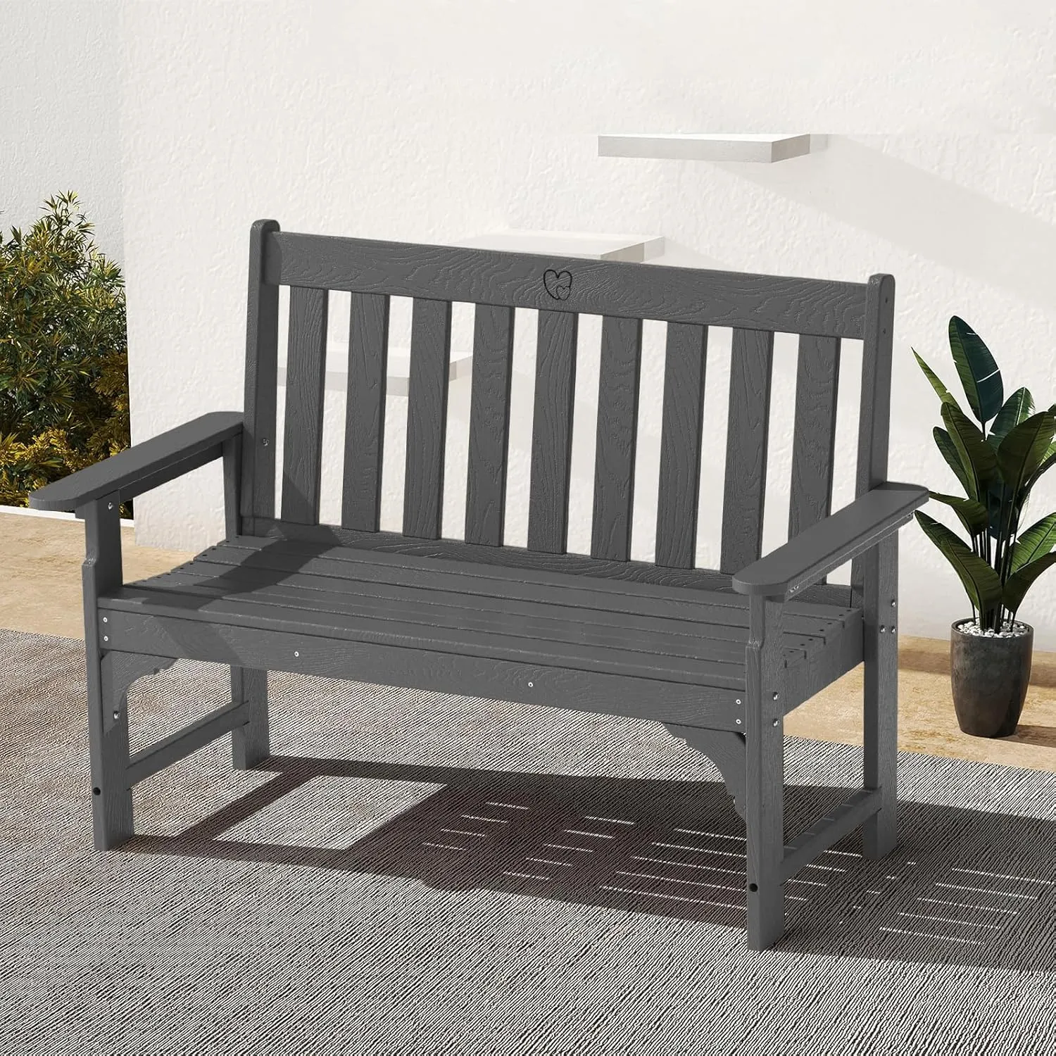 Outdoor Bench, 2-Person HDPE Garden Bench with Heart Detail & Wood Grain, 680 LBS Capacity, All-Weather Patio Bench for Porch, Backyard & Park