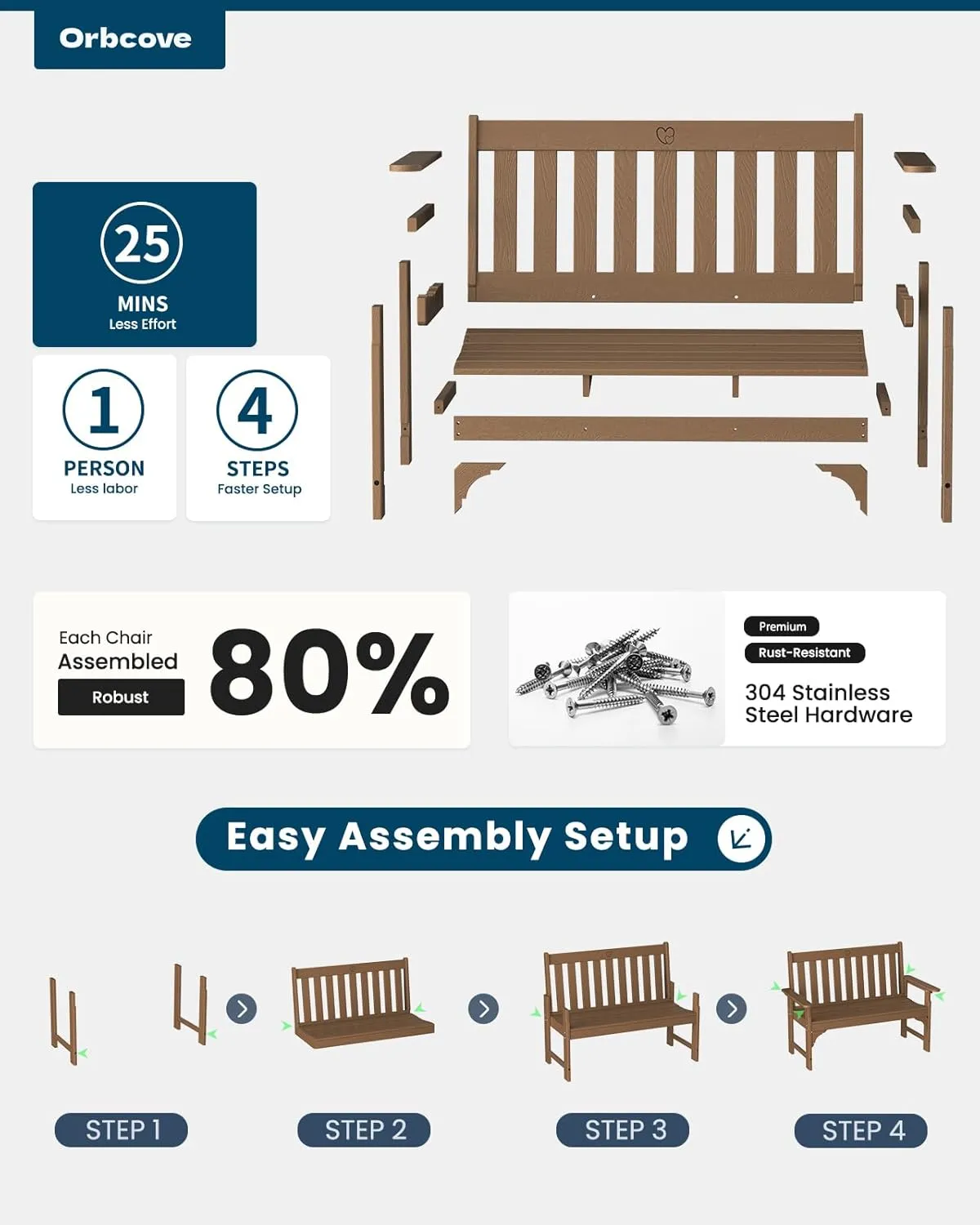 Outdoor Bench, 2-Person HDPE Garden Bench with Heart Detail & Wood Grain, 680 LBS Capacity, All-Weather Patio Bench for Porch, Backyard & Park