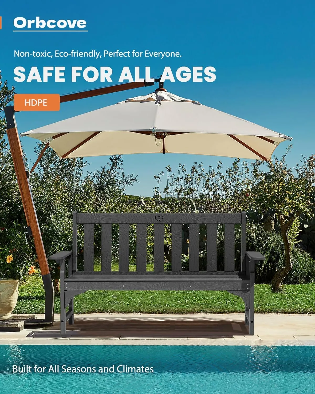 Outdoor Bench, 2-Person HDPE Garden Bench with Heart Detail & Wood Grain, 680 LBS Capacity, All-Weather Patio Bench for Porch, Backyard & Park