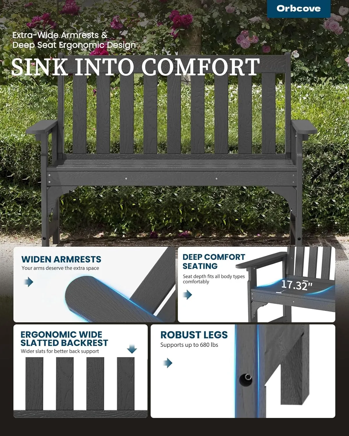 Outdoor Bench, 2-Person HDPE Garden Bench with Heart Detail & Wood Grain, 680 LBS Capacity, All-Weather Patio Bench for Porch, Backyard & Park