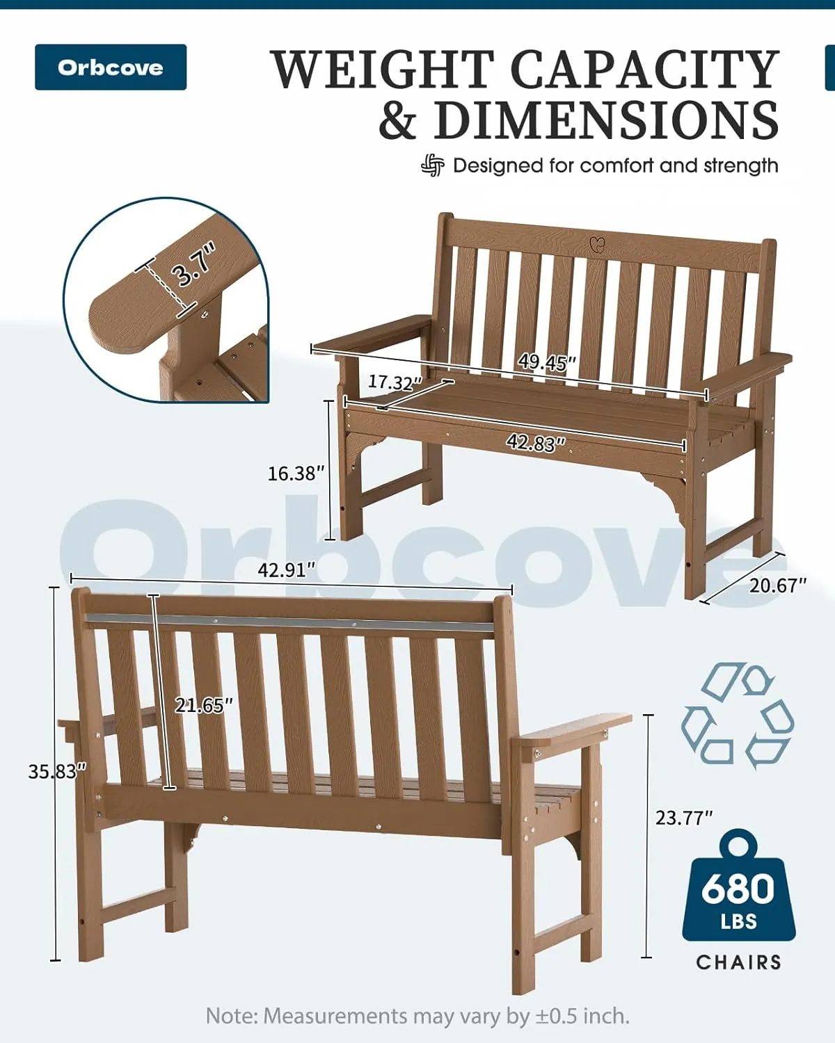 Outdoor Bench, 2-Person HDPE Garden Bench with Heart Detail & Wood Grain, 680 LBS Capacity, All-Weather Patio Bench for Porch, Backyard & Park