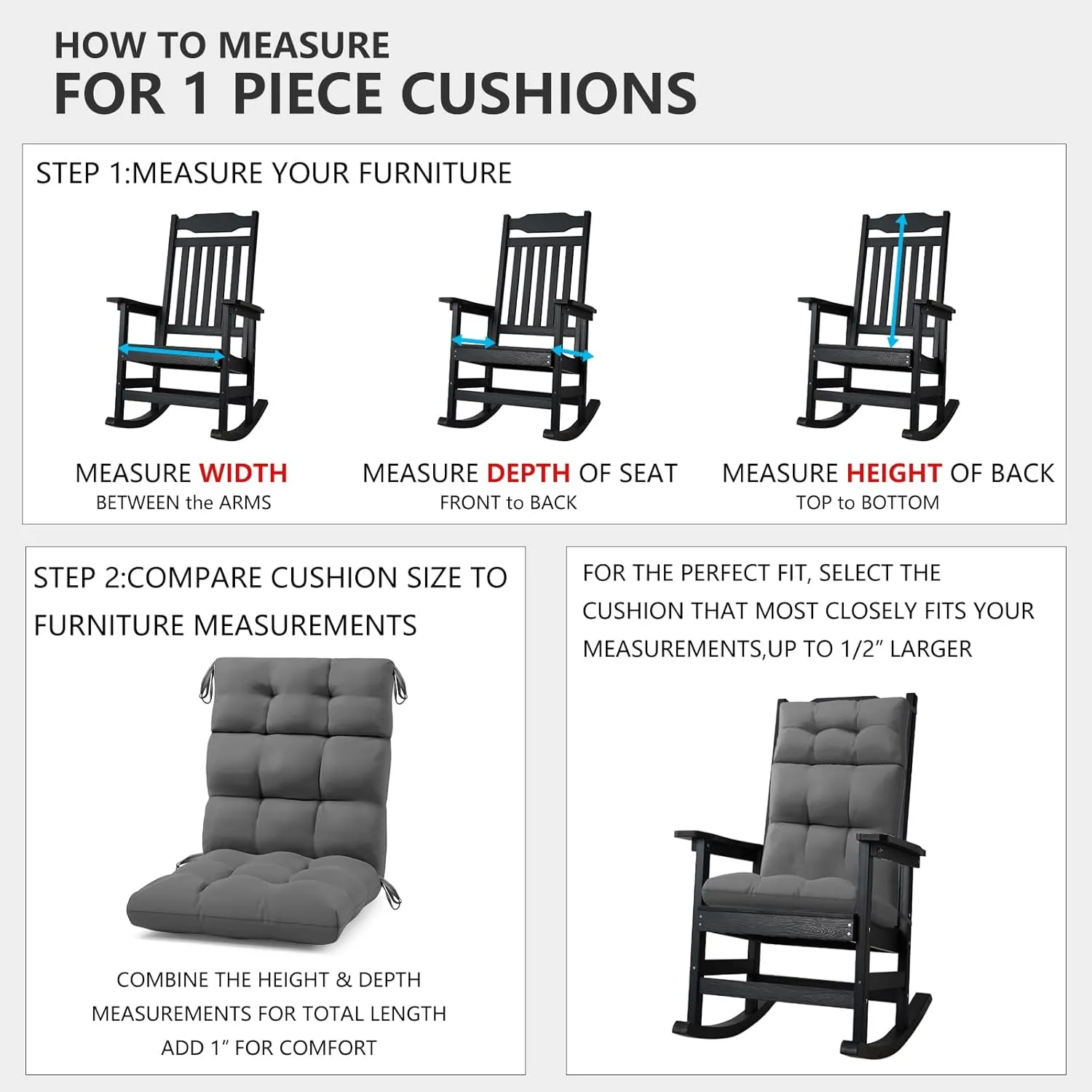 Outside Rocking Chair Cushions - Non-Slip, Water Repellent, Thicken Durable Tufted Pads with Ties