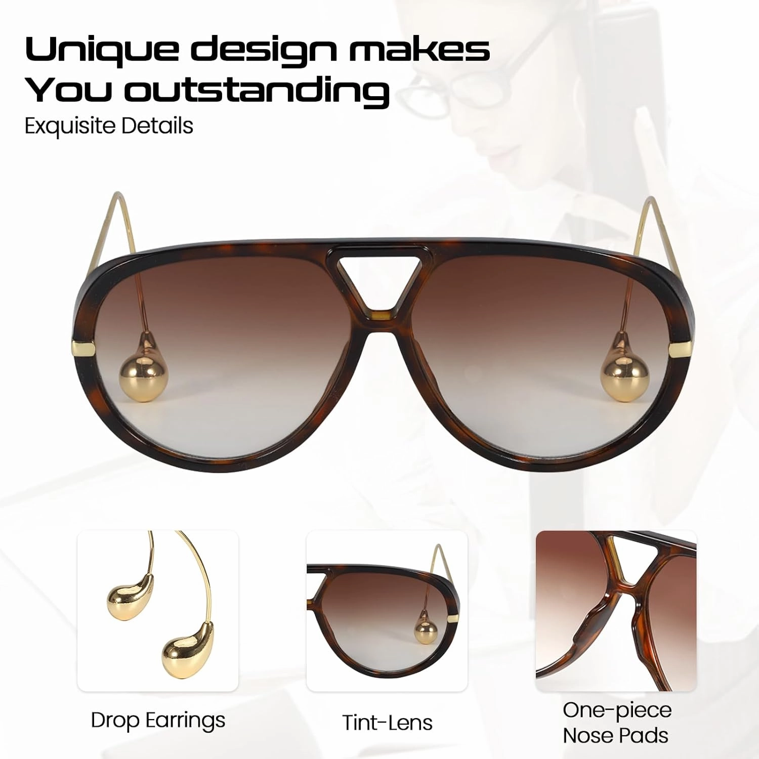 Oversized Aviator Sunglasses with Earring for Women Large Big UV400 Protection Designer 2025 Ladies Shades