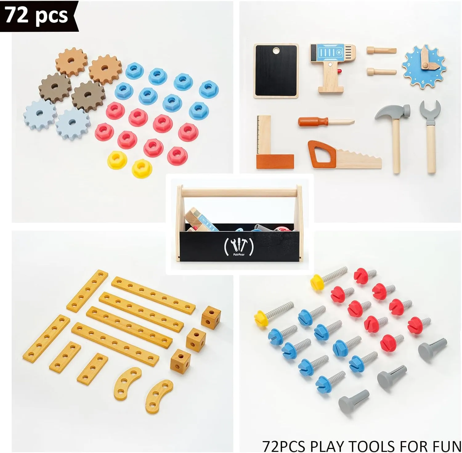 PairPear Wooden Kids Tool Bench, Toddler Workbench with 71 PCS Tool Set, Wooden Toy Play Worshop Toolbox with Drill, Hammer, and Construction Tools, Kids Gift for Boys & Girls 3  Years Old