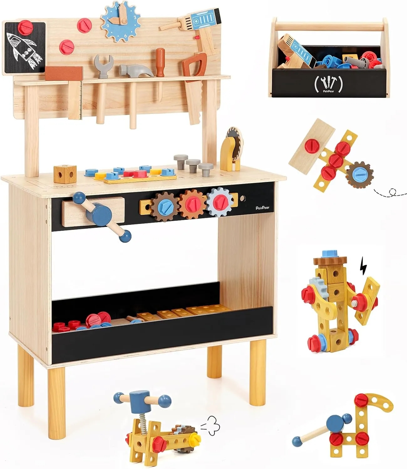 PairPear Wooden Kids Tool Bench, Toddler Workbench with 71 PCS Tool Set, Wooden Toy Play Worshop Toolbox with Drill, Hammer, and Construction Tools, Kids Gift for Boys & Girls 3  Years Old