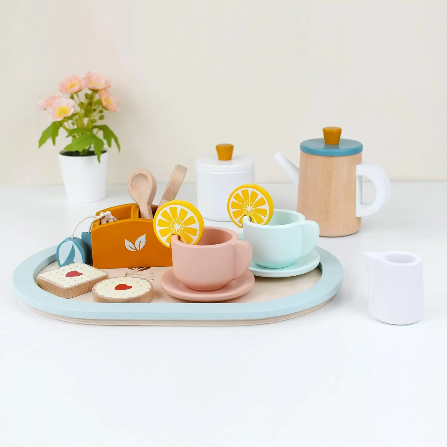 PairPear Wooden Tea Set for Little Girls, Wooden Toys Toddler Tea Set Play Kitchen Accessories for Kids Tea Party with Play Food