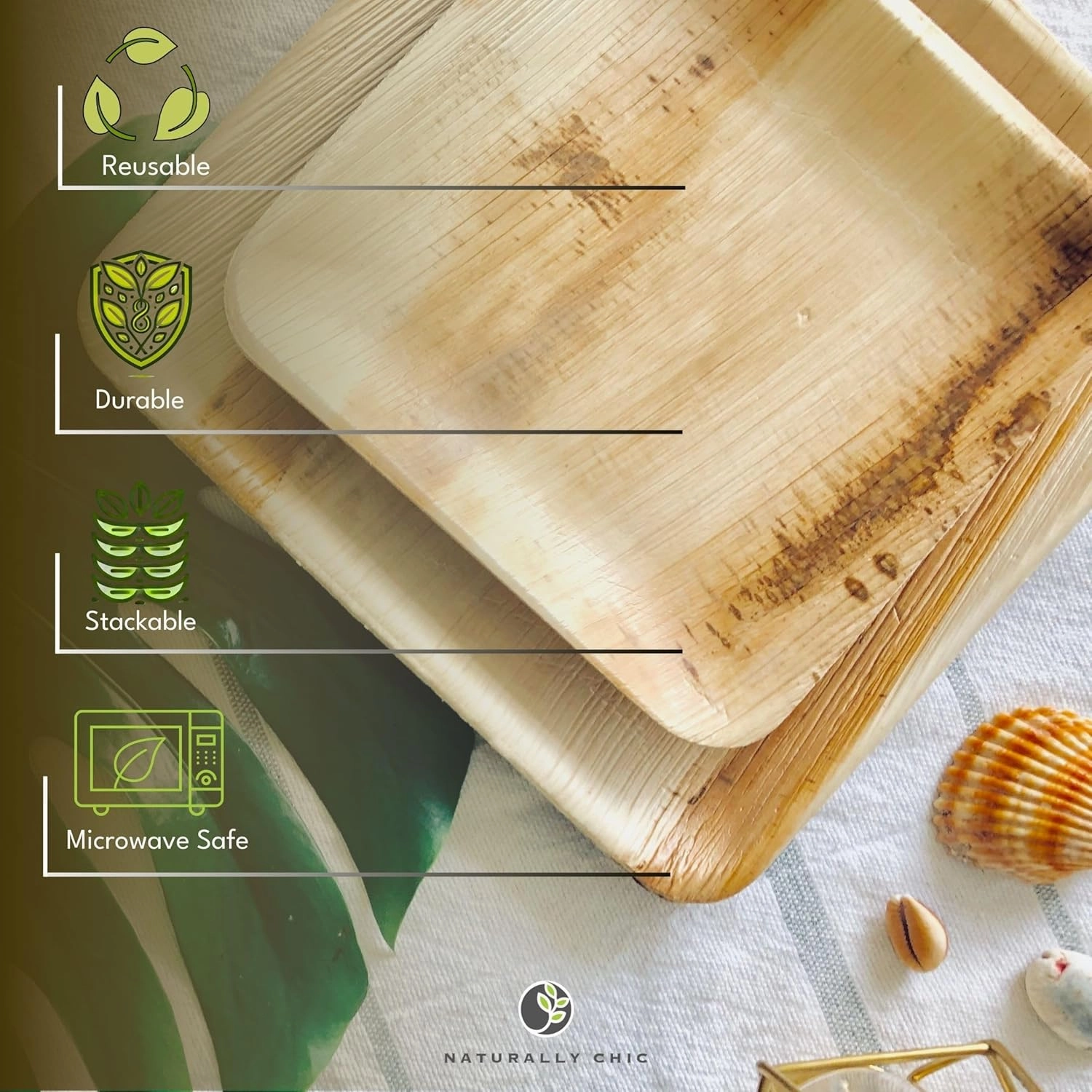 Palm Leaf Plates 10 Inch & 7 Inch Square Bamboo Plates [50-Pack] - Biodegradable and Compostable for Appetizer and Dinner - Disposable Wood Dinnerware Set - Party Pack