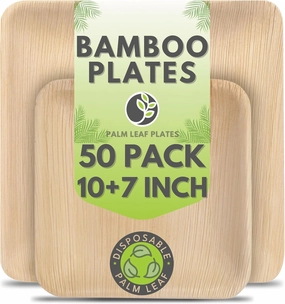 Palm Leaf Plates 10 Inch & 7 Inch Square Bamboo Plates [50-Pack] - Biodegradable and Compostable for Appetizer and Dinner - Disposable Wood Dinnerware Set - Party Pack