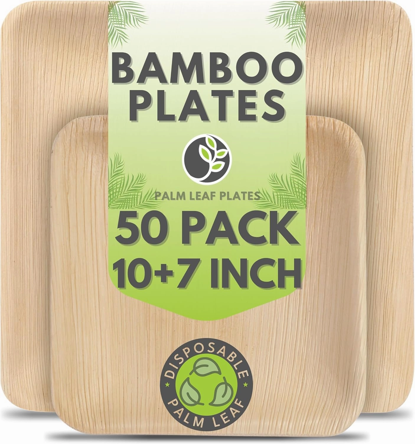 Palm Leaf Plates 10 Inch & 7 Inch Square Bamboo Plates [50-Pack] - Biodegradable and Compostable for Appetizer and Dinner - Disposable Wood Dinnerware Set - Party Pack