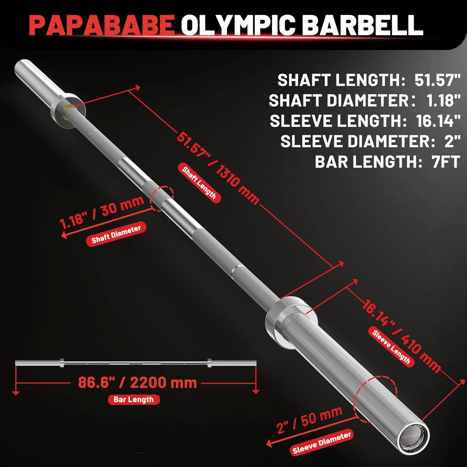 PAPABABE Olympic Barbell, 2-inch 45lb 7ft/35lb 6.5ft Weight Bar for Strength Training. 1000lb/1200lb Plus Capacity, Chrome/Zinc Plating, knurled Grip for Bench Press Deadlift Squat