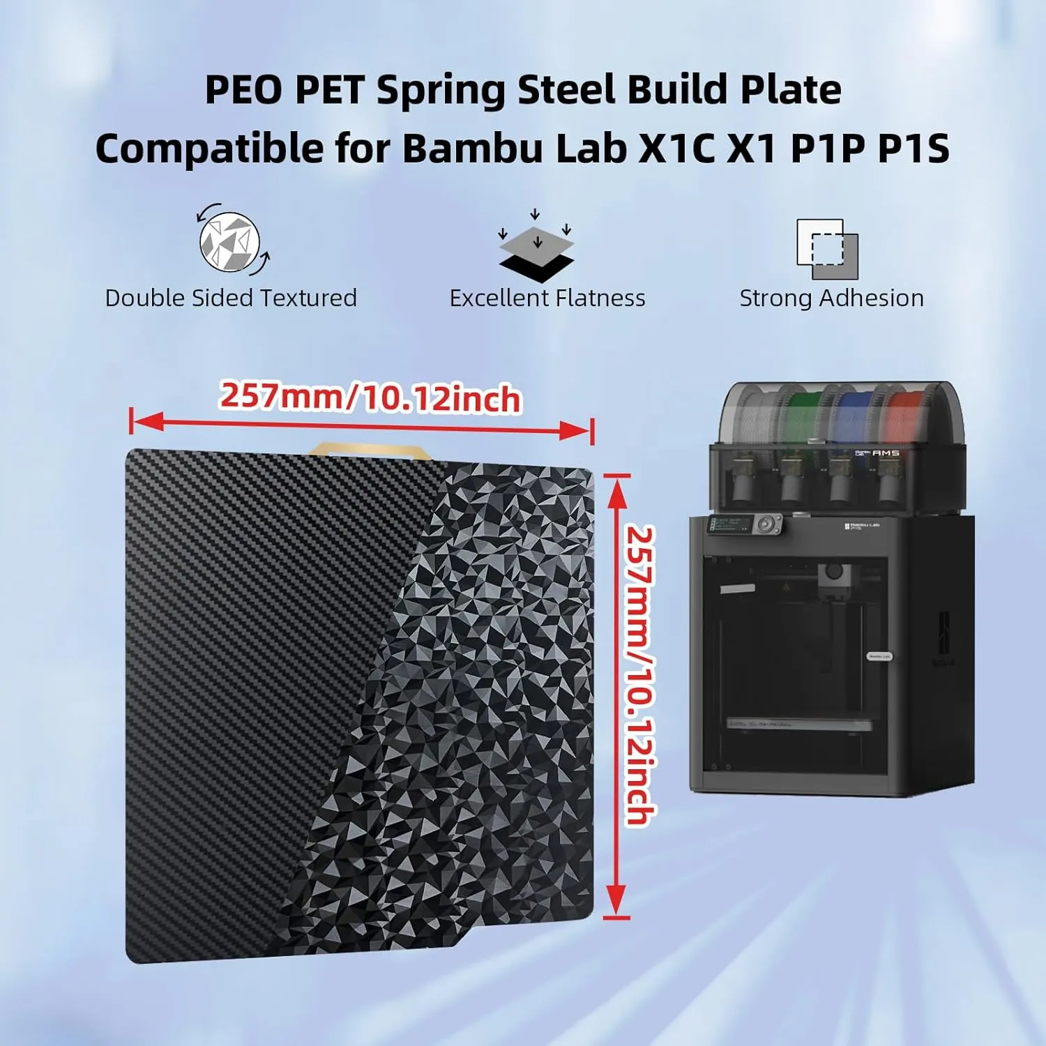 PEO PET Build Plate for Bambu Lab X1C X1 X1E P1P P1S A1, Smooth Textured Flexible PEO PET Spring Steel Bed Plate for Bambulab X1, P1 Series 3D Printer Platform