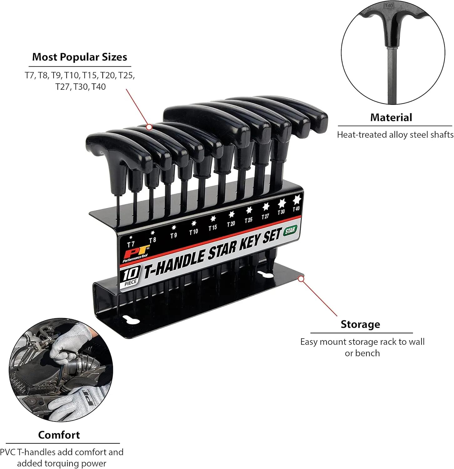 Performance Tool W80276 10-Piece Star T-Handle Allen Wrench Set, Long Arm Hex Key Wrench Set