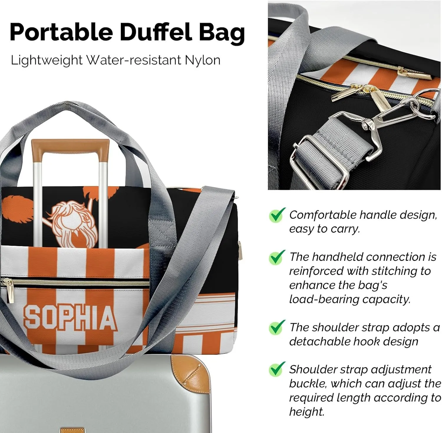 Personalized Cheerleader Girl Gymnast Orange Customized Multi-functional Handbag Travel Bag, Unisex Portable Travel Bag, Sports and Fitness Duffel Bag, Short Trip Storage Bag