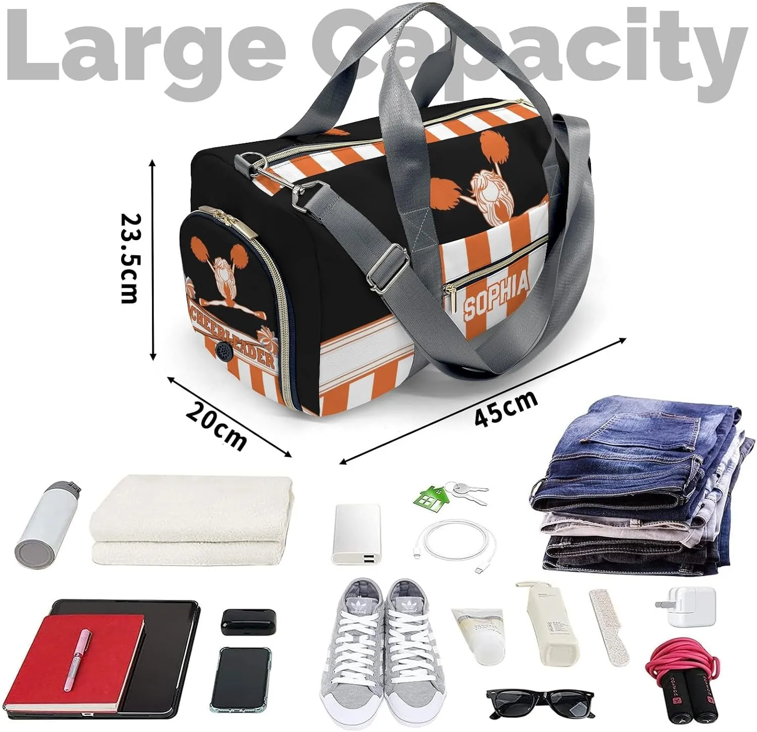 Personalized Cheerleader Girl Gymnast Orange Customized Multi-functional Handbag Travel Bag, Unisex Portable Travel Bag, Sports and Fitness Duffel Bag, Short Trip Storage Bag
