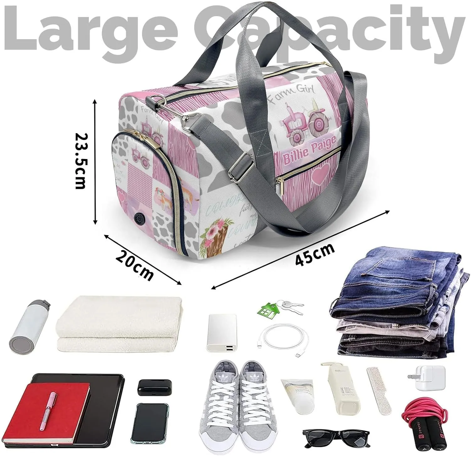 Personalized Little Cow Girl Boot Farm Car Customized Handbag Travel Bag, Unisex Portable Travel Bag, Sports and Fitness Duffel Bag, Short Trip Storage Bag