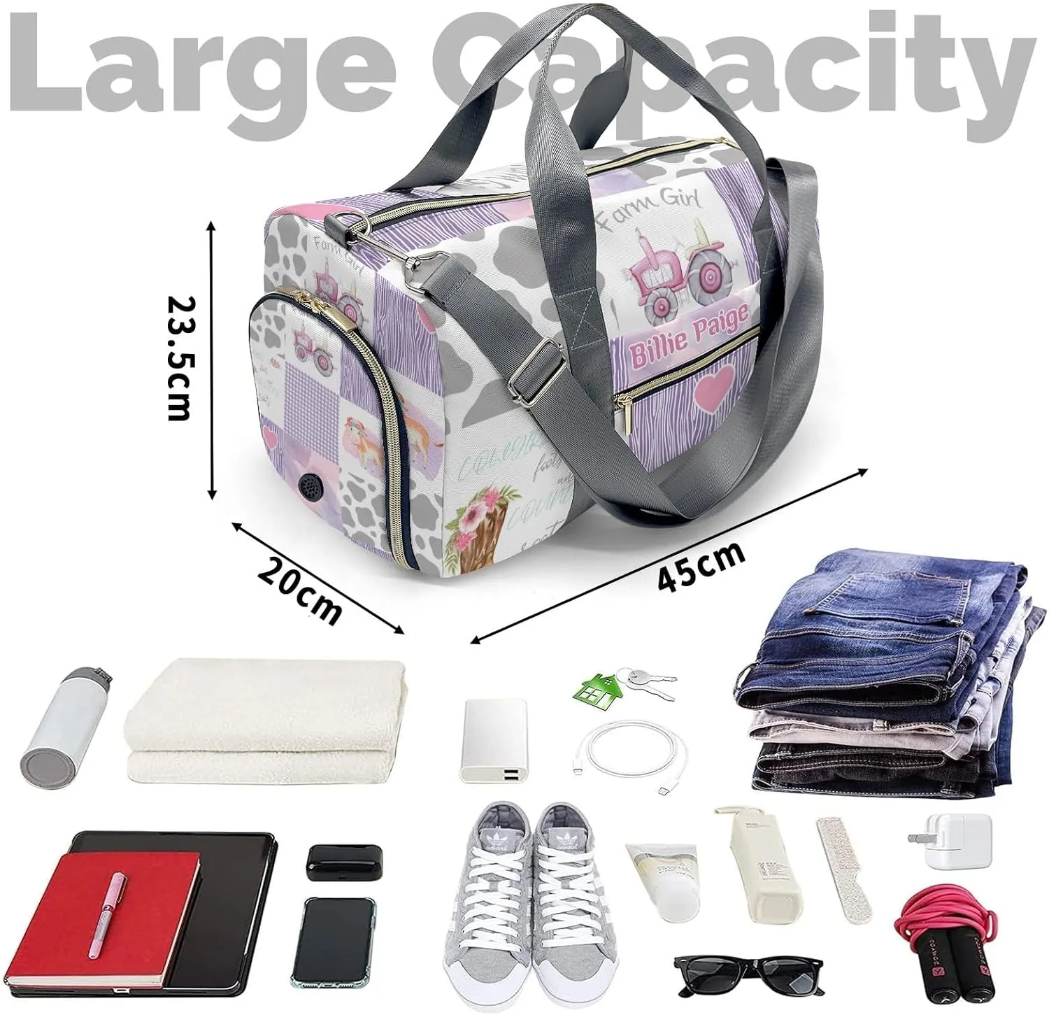 Personalized Little Cow Girl Boot Farm Car Customized Handbag Travel Bag, Unisex Portable Travel Bag, Sports and Fitness Duffel Bag, Short Trip Storage Bag