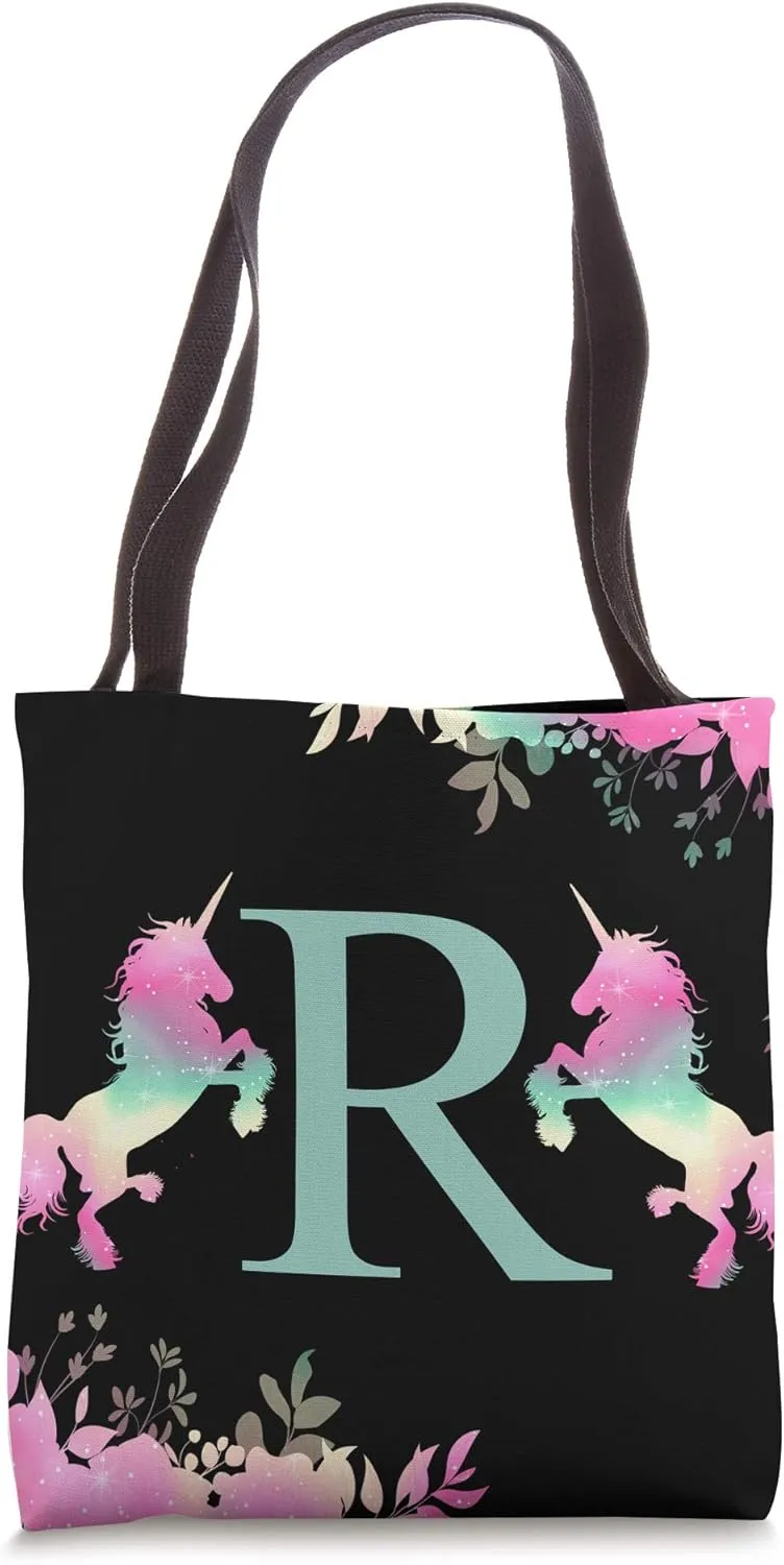 Personalized Name Capital Letter R Unicorn Initial Letter Tote Bag