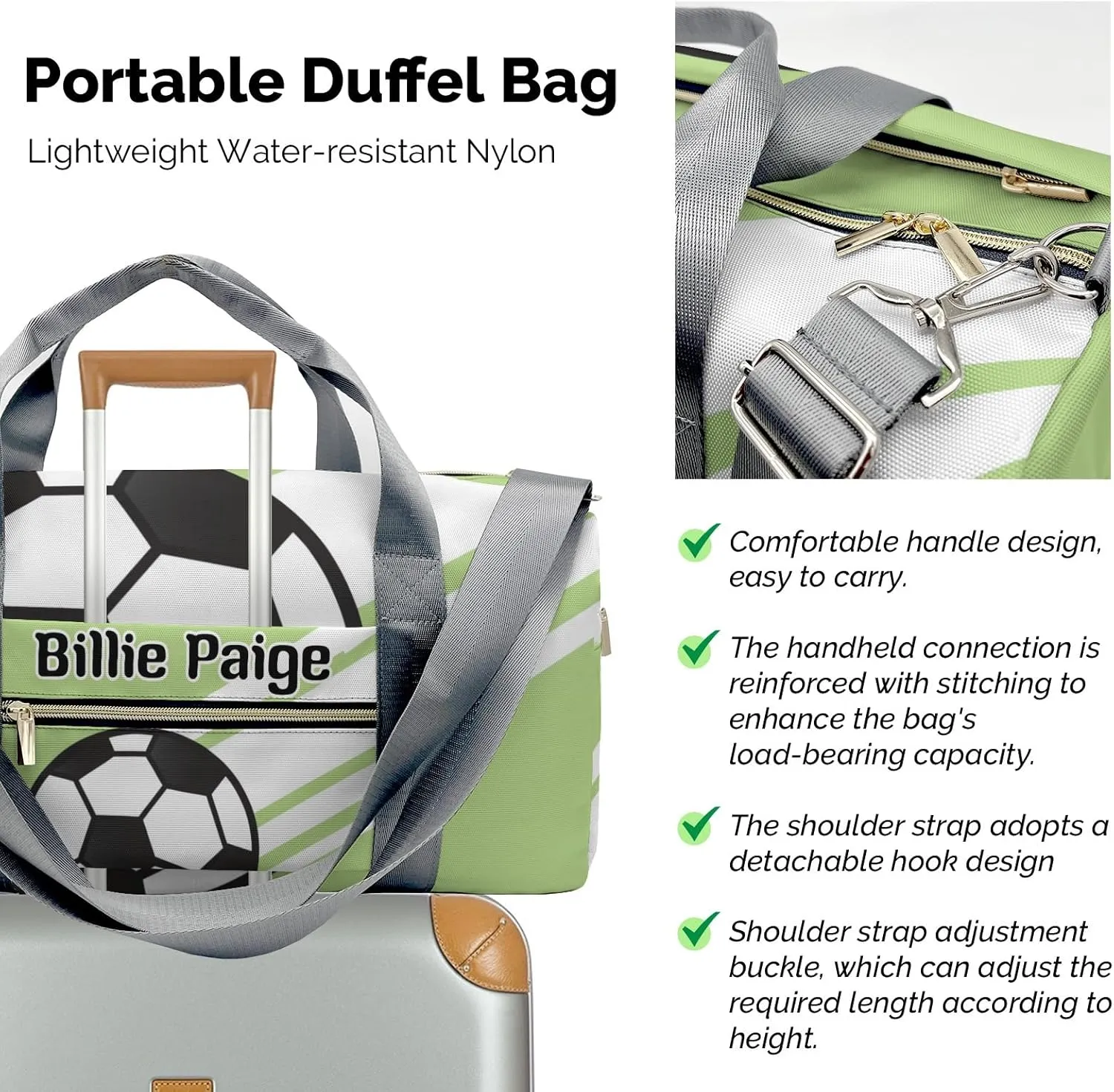 Personalized Soccer Ball Sports Green Customized Handbag Travel Bag, Unisex Portable Travel Bag, Sports and Fitness Duffel Bag, Short Trip Storage Bag