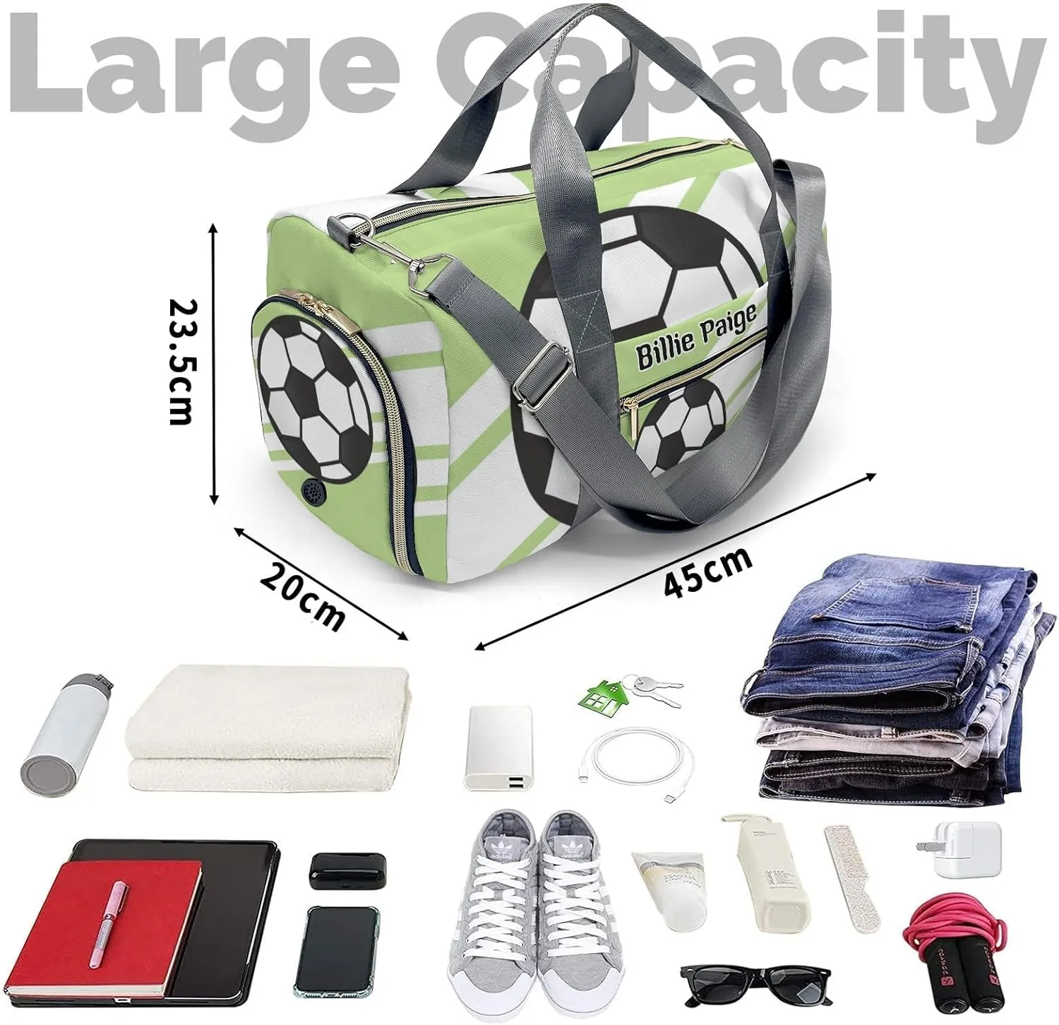 Personalized Soccer Ball Sports Green Customized Handbag Travel Bag, Unisex Portable Travel Bag, Sports and Fitness Duffel Bag, Short Trip Storage Bag
