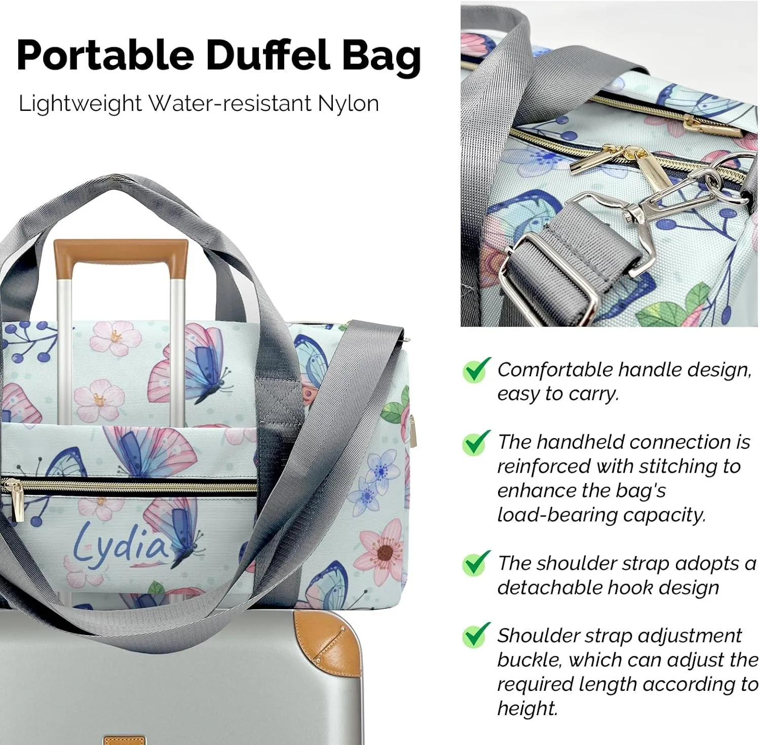 Personalized Watercolor Butterfly with Flowers Custom Multi-functional Travel Bag, Unisex Portable Duffel Bag, Short Distance Travel Assistant.