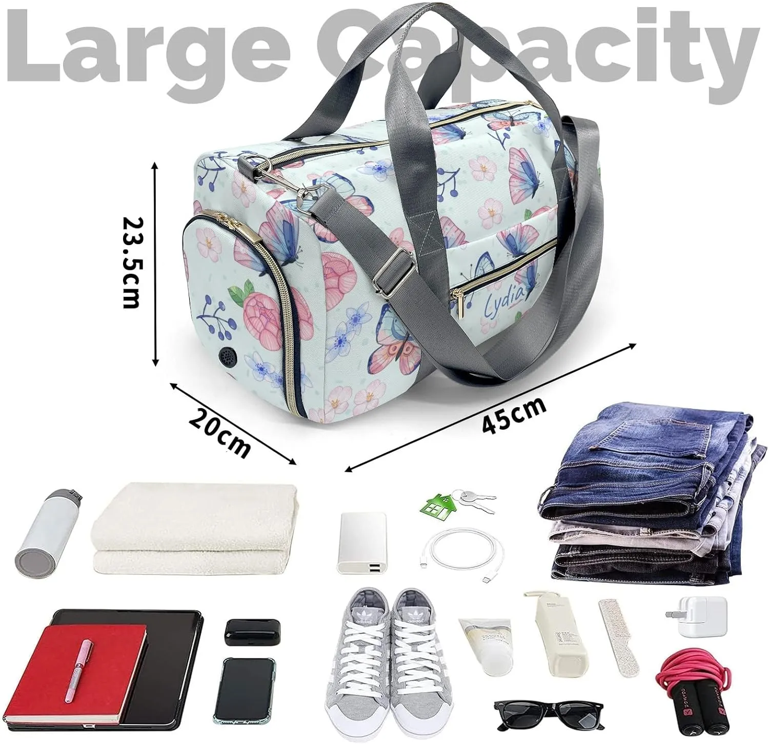 Personalized Watercolor Butterfly with Flowers Custom Multi-functional Travel Bag, Unisex Portable Duffel Bag, Short Distance Travel Assistant.