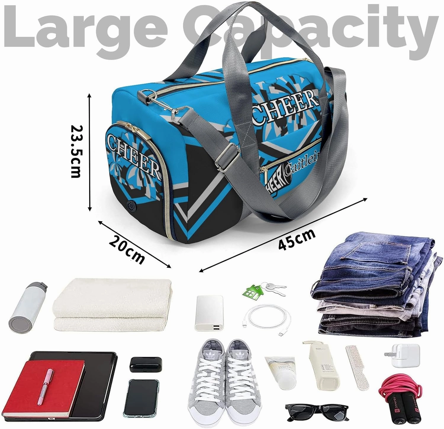 Personalized Cheer Blue Custom Multi-functional Travel Bag, Unisex Portable Duffel Bag, Short Distance Travel Assistant