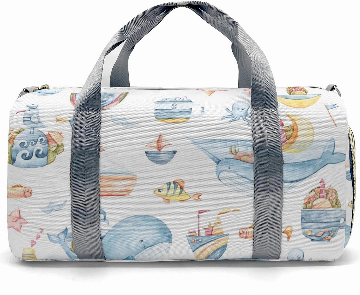 Personalized Cute Sea Pattern with Whale Narwhal Fish Waves Ships Lighthouse on White Custom Multi-functional Travel Bag, Unisex Portable Duffel Bag, Short Distance Travel Assistant