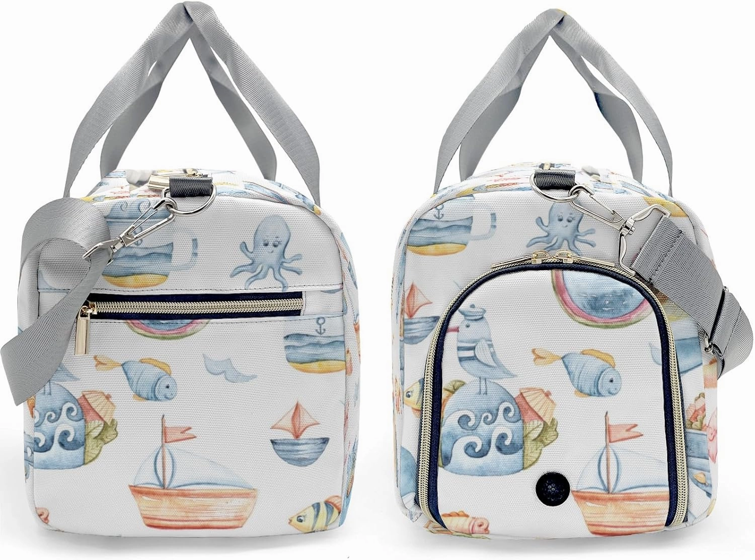 Personalized Cute Sea Pattern with Whale Narwhal Fish Waves Ships Lighthouse on White Custom Multi-functional Travel Bag, Unisex Portable Duffel Bag, Short Distance Travel Assistant