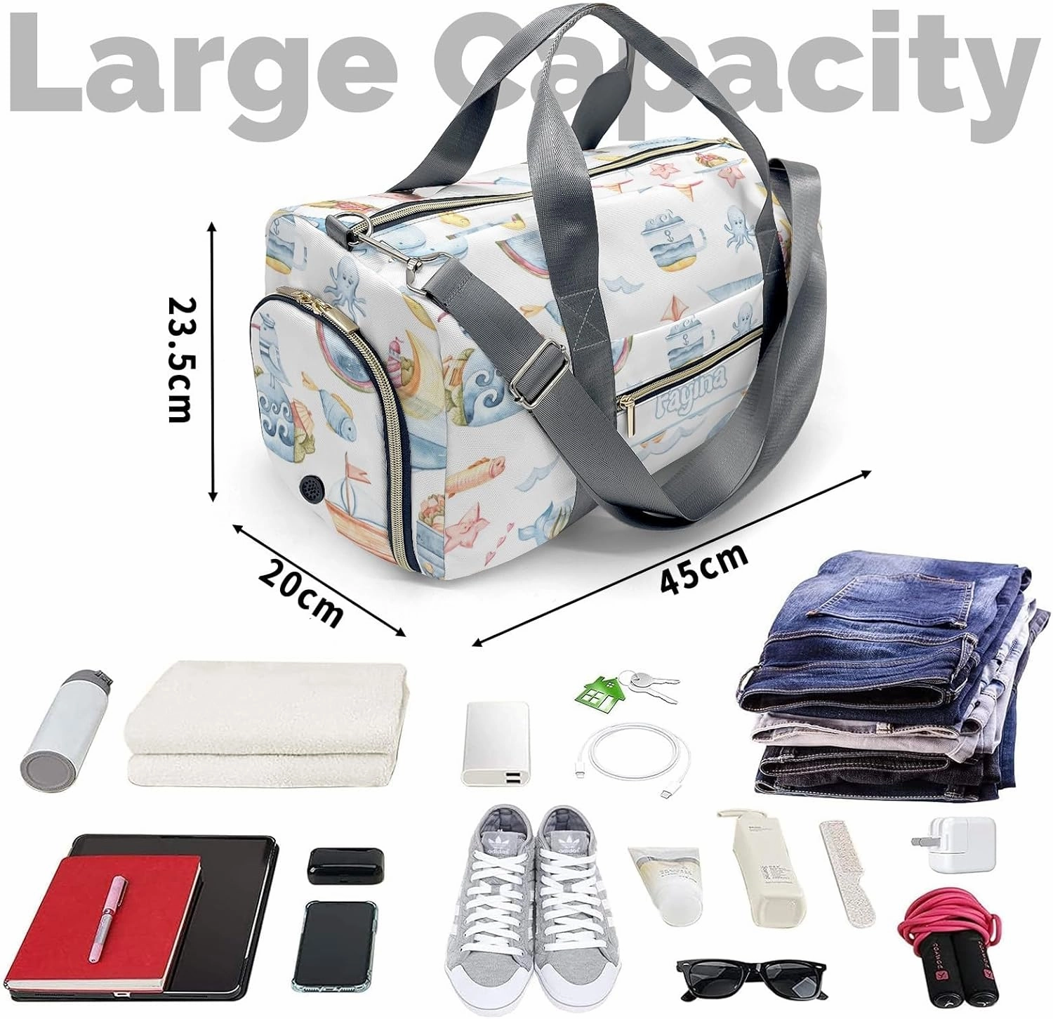 Personalized Cute Sea Pattern with Whale Narwhal Fish Waves Ships Lighthouse on White Custom Multi-functional Travel Bag, Unisex Portable Duffel Bag, Short Distance Travel Assistant