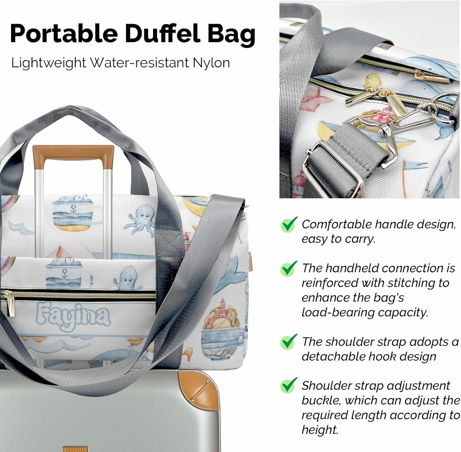 Personalized Cute Sea Pattern with Whale Narwhal Fish Waves Ships Lighthouse on White Custom Multi-functional Travel Bag, Unisex Portable Duffel Bag, Short Distance Travel Assistant