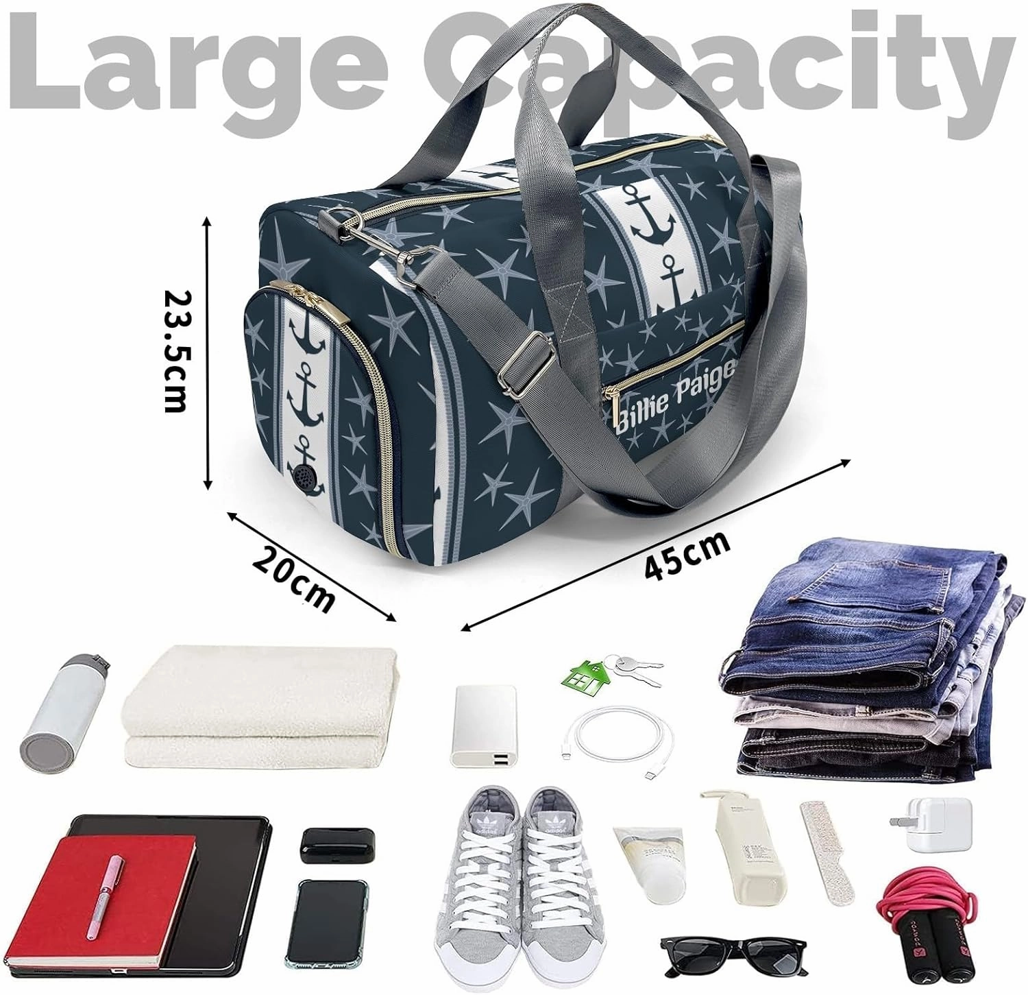 Personalized Nautical Anchors Rope Starfish Customized Handbag Travel Bag, Unisex Portable Travel Bag, Sports and Fitness Duffel Bag, Short Trip Storage Bag