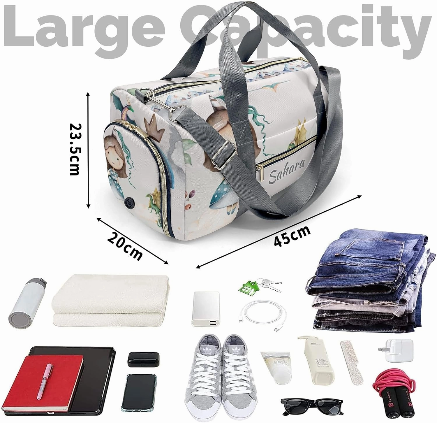 Personalized Princess Dragon Watercolor Custom Multi-functional Travel Bag, Unisex Portable Duffel Bag, Short Distance Travel Assistant