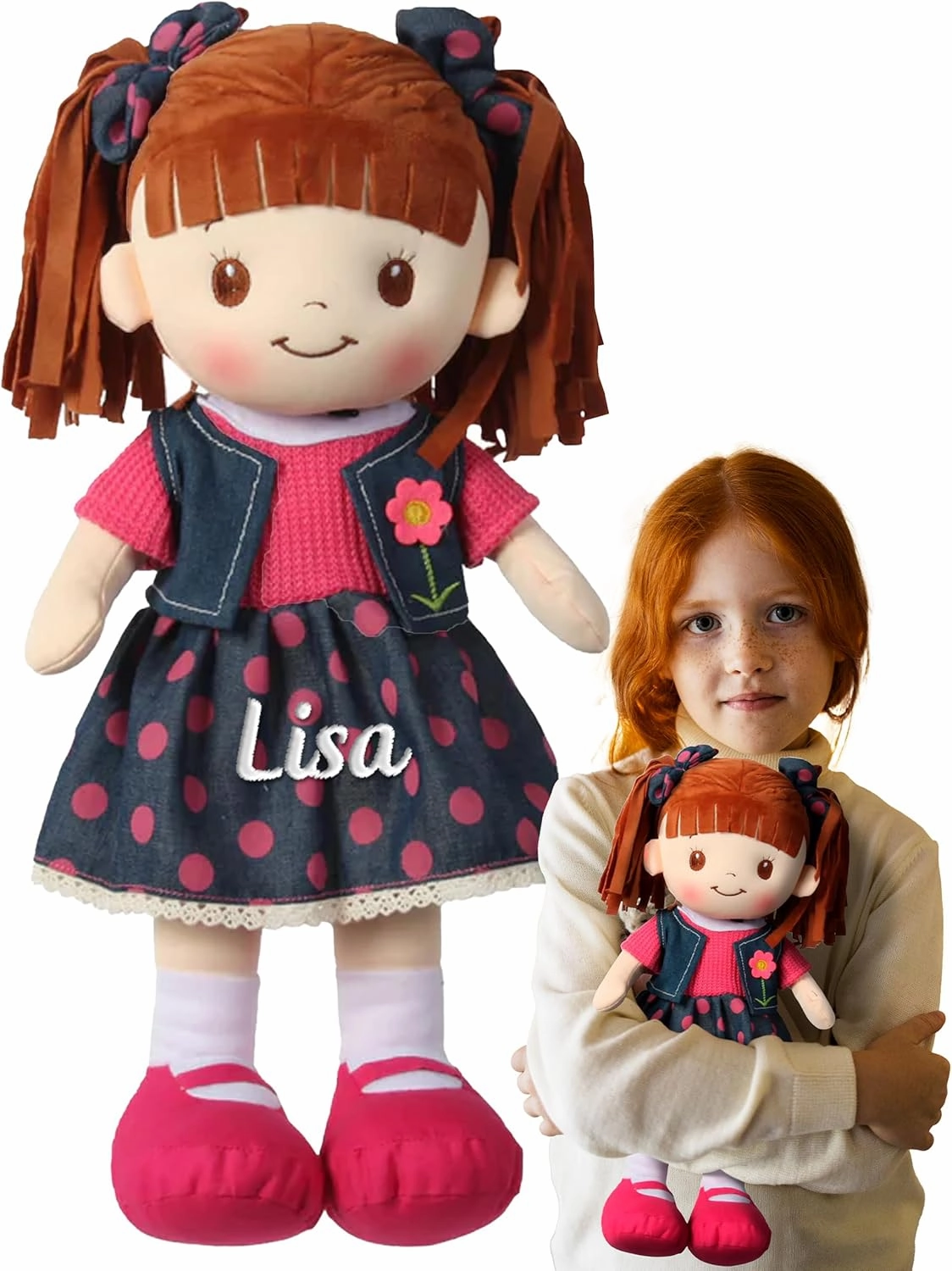 Personalized Rag Dolls for Girls - Custom 16 Inches Soft Plush Snuggle Baby Doll for Toddlers Stuffed Toys - Muñecas de Trapo Personalizadas para Niñas - Pink Polka Dot Skirt