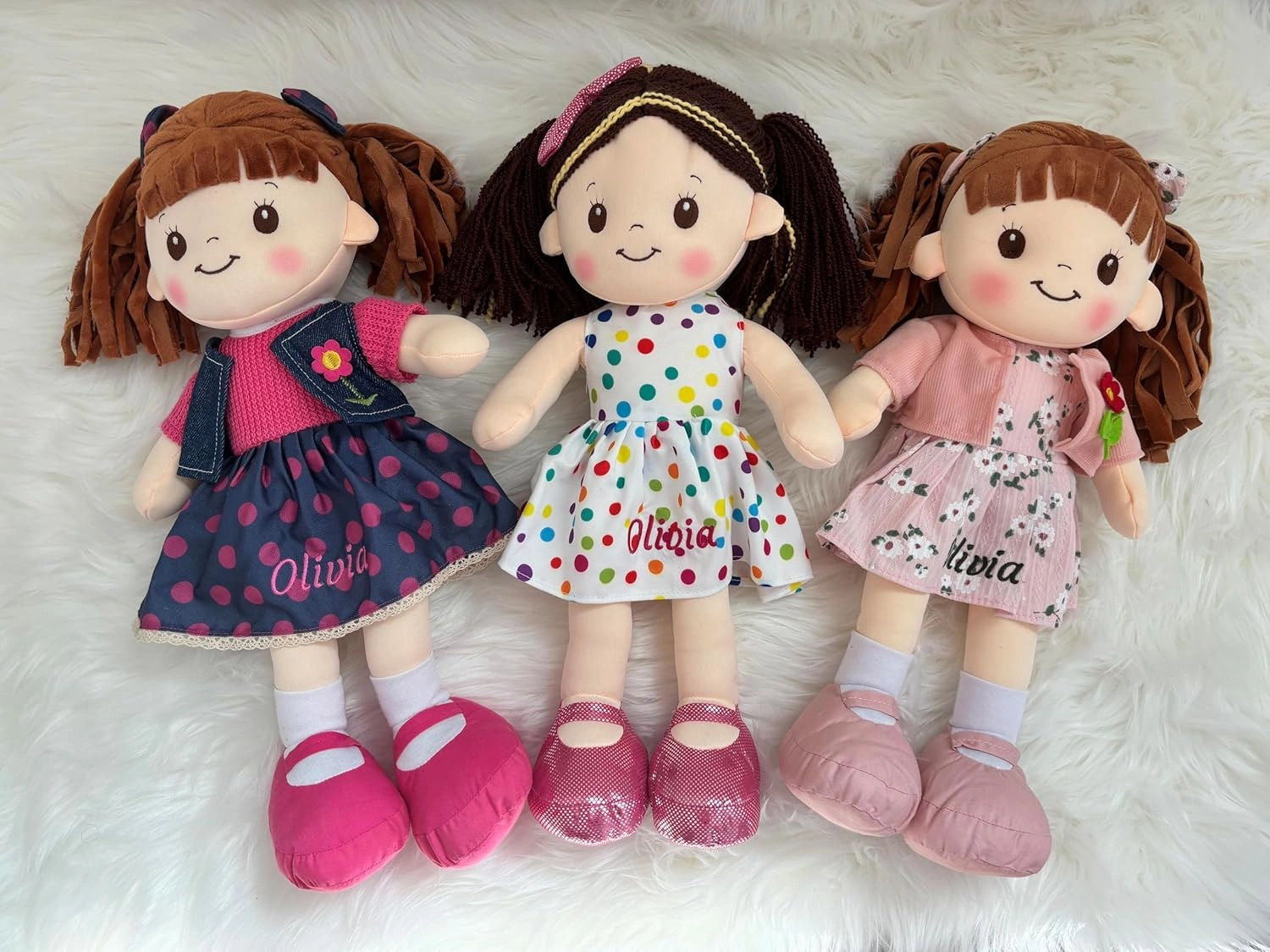 Personalized Rag Dolls for Girls - Custom 16 Inches Soft Plush Snuggle Baby Doll for Toddlers Stuffed Toys - Muñecas de Trapo Personalizadas para Niñas - Pink Polka Dot Skirt