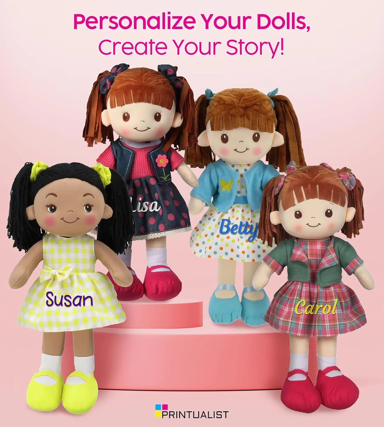Personalized Rag Dolls for Girls - Custom 16 Inches Soft Plush Snuggle Baby Doll for Toddlers Stuffed Toys - Muñecas de Trapo Personalizadas para Niñas - Pink Polka Dot Skirt