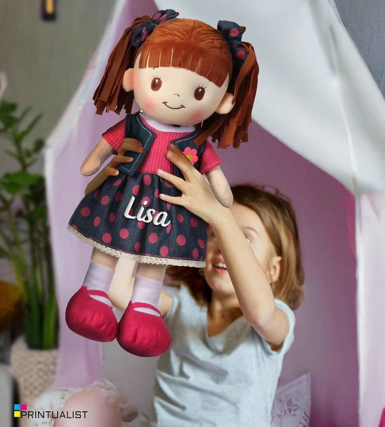 Personalized Rag Dolls for Girls - Custom 16 Inches Soft Plush Snuggle Baby Doll for Toddlers Stuffed Toys - Muñecas de Trapo Personalizadas para Niñas - Pink Polka Dot Skirt