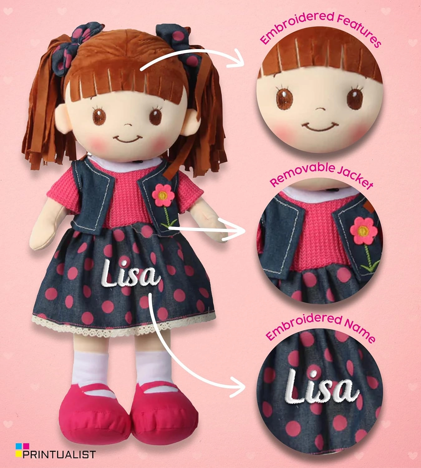Personalized Rag Dolls for Girls - Custom 16 Inches Soft Plush Snuggle Baby Doll for Toddlers Stuffed Toys - Muñecas de Trapo Personalizadas para Niñas - Pink Polka Dot Skirt