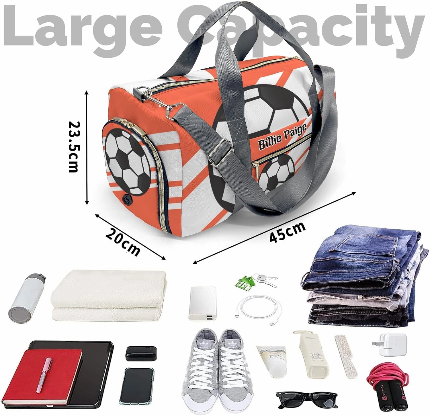 Personalized Soccer Ball Sports Orange Customized Handbag Travel Bag, Unisex Portable Travel Bag, Sports and Fitness Duffel Bag, Short Trip Storage Bag